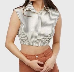 WeWoreWhat Cropped Sleeveless Striped Popover Shirt Antique White Multi